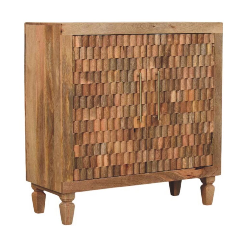 Solid Mango Wood Golden Teak Finished Cadiz Carved Block Pattern 2 Door Cabinet