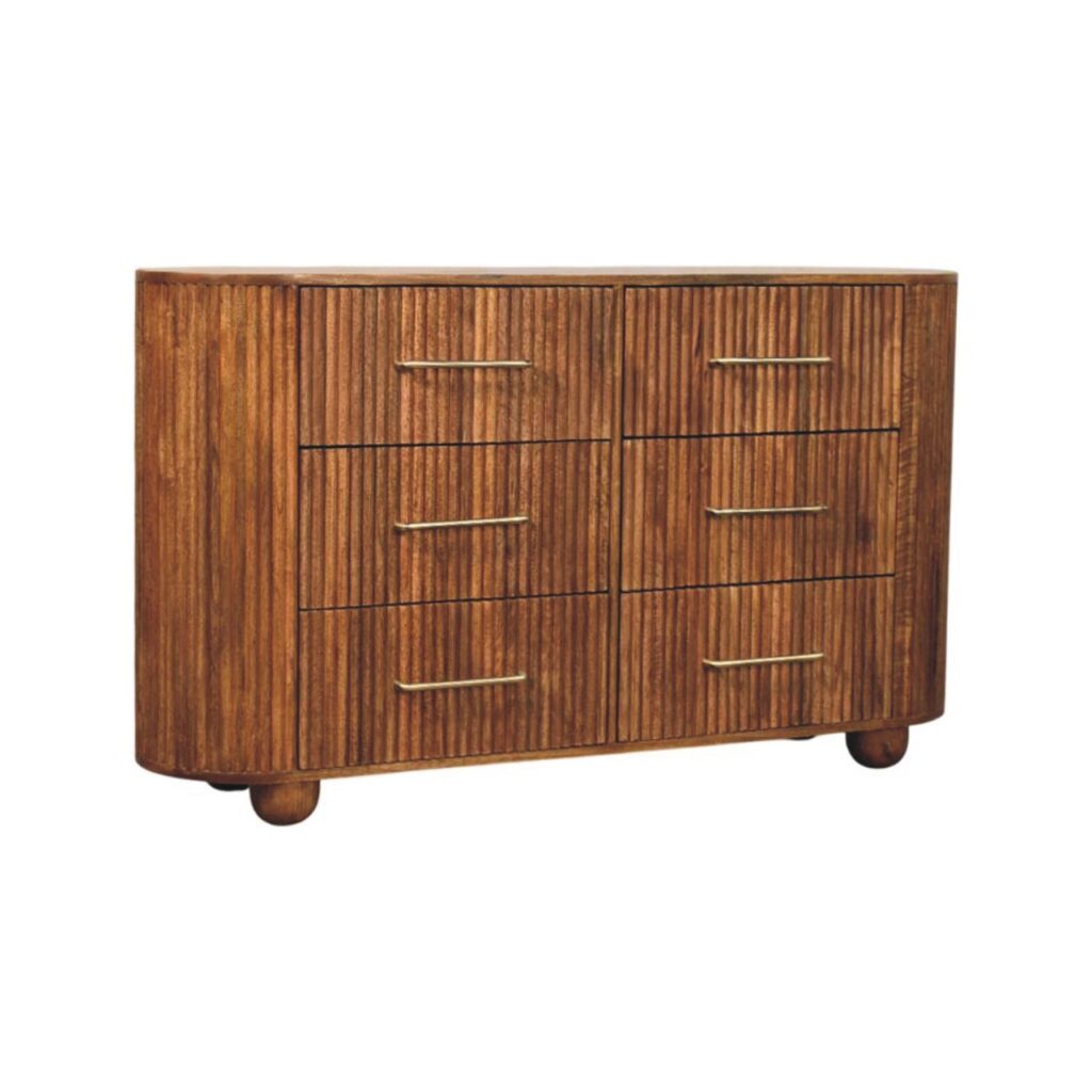 Solid Mango Wood Amber Oak Finished Ridgefront 6 Drawer Chest
