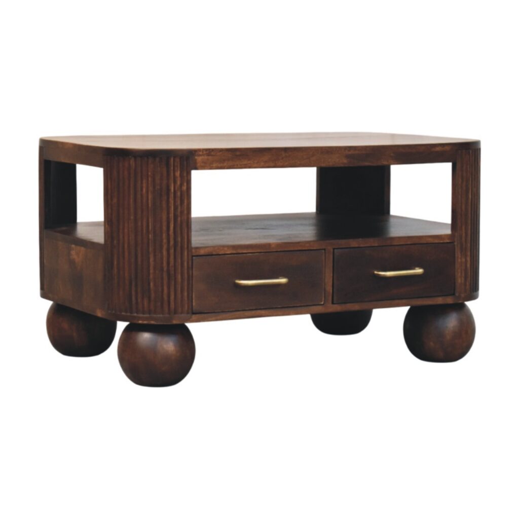 Solid Mango Wood Califonia Walnut Ball Leg 2 Drawer Coffee Table