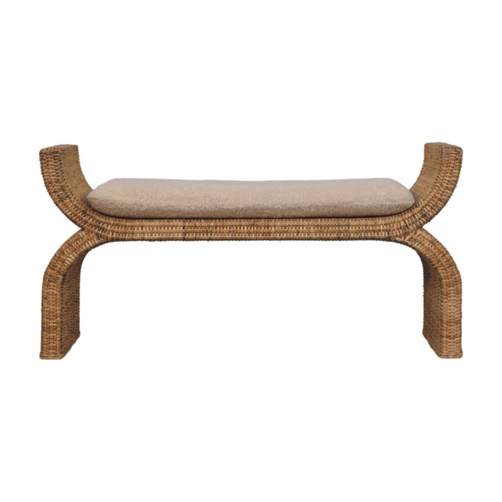 Solid Mango Wood Oak Finished Rattan Weave Boucle Cushioned Bench
