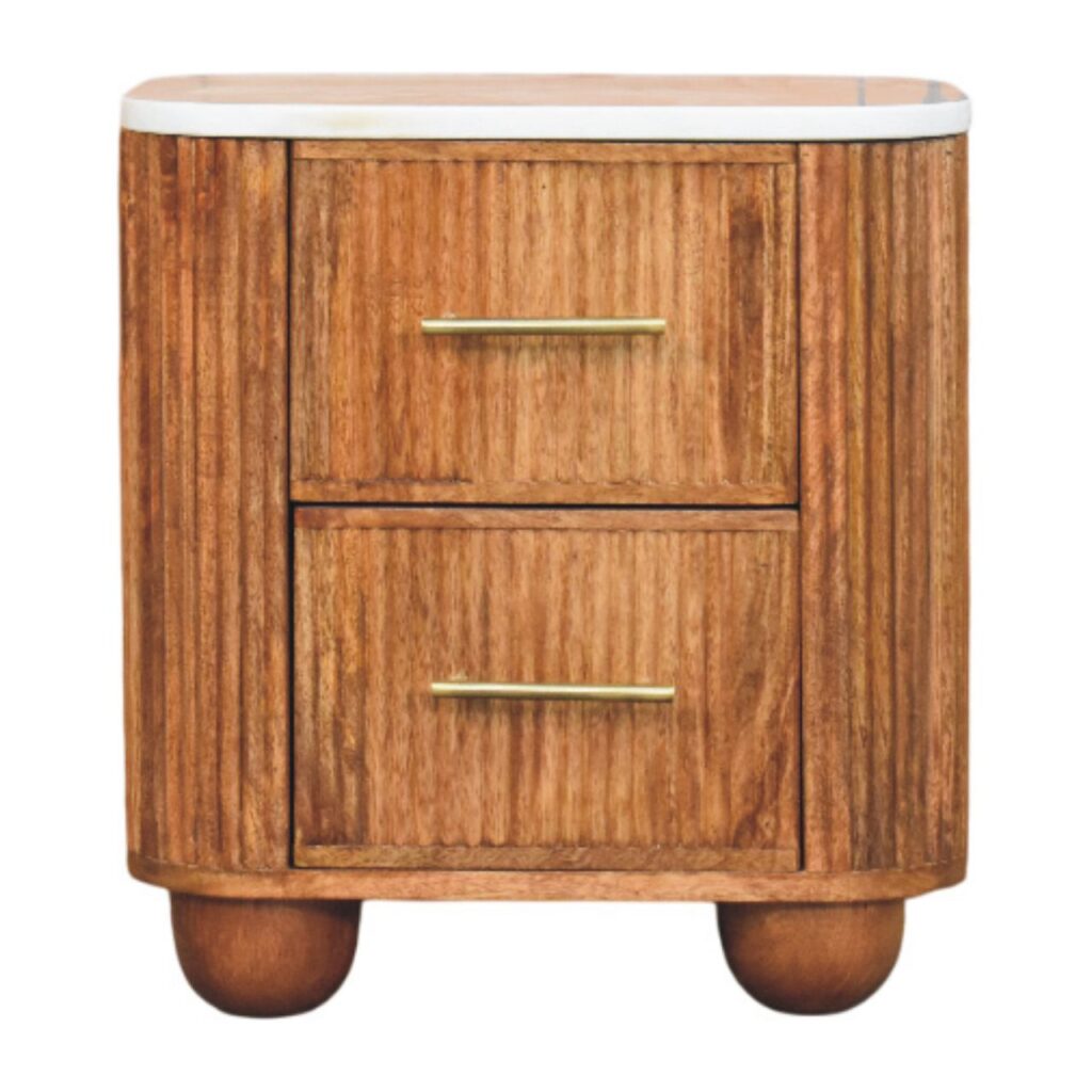 Solid Mango Wood Golden Teak Finished 2 Drawer Aurora Marble Topped Bedside