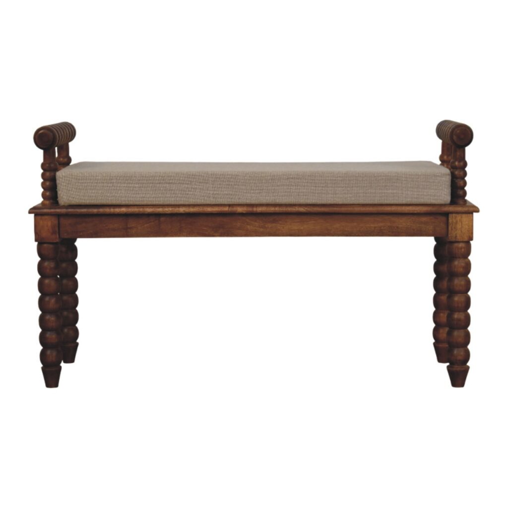 Solid Mango Wood Amber Oak Finish Spindle Amber Light Brown Linen Cushioned Bench