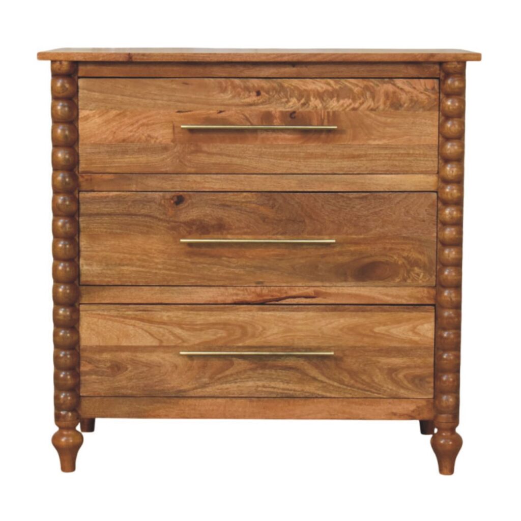 Solid Mango Wood Amber Oak Finished 3 Drawer Spindle Decorated Chest