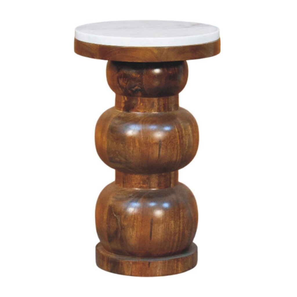 Solid Mango Wood Amber Oak Finished Marble Top Bulla Side Table