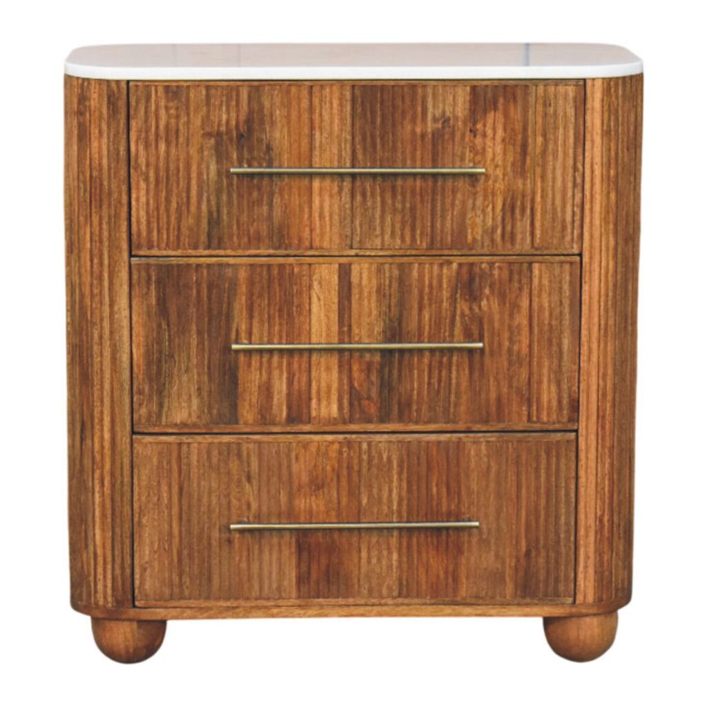 Solid Mango Wood Golden Teak Finished Beaumont Marble Topped 3 Drawer Chest