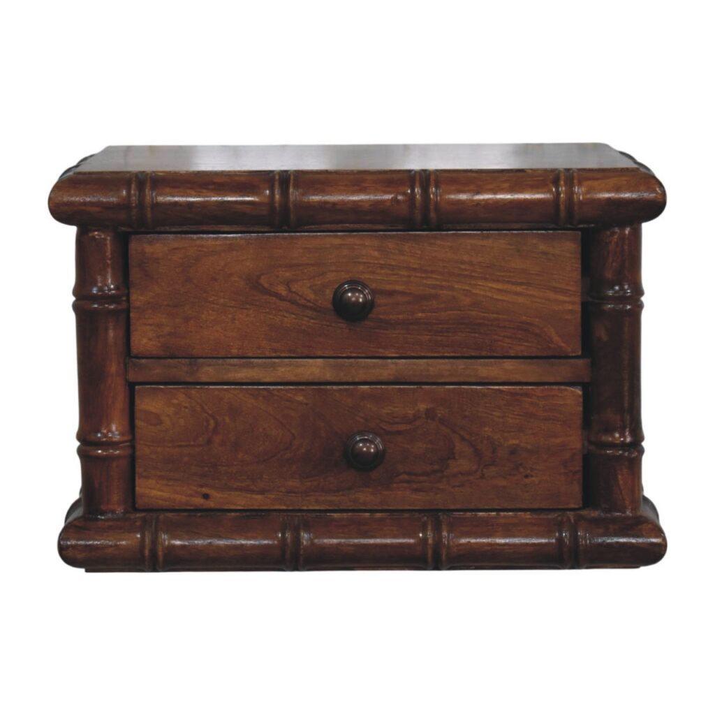 Solid Mango Wood Chestnut Finished Bamboo Pattern Two Drawer Wall-Mounted Bedside