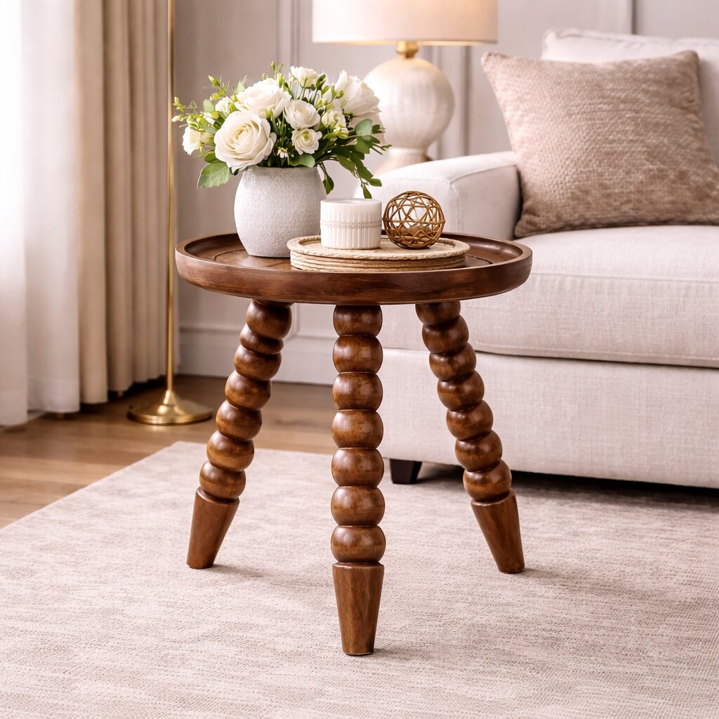 Solid Mango Wood Golden Teak Finished Spindle Legs Tray Side Table