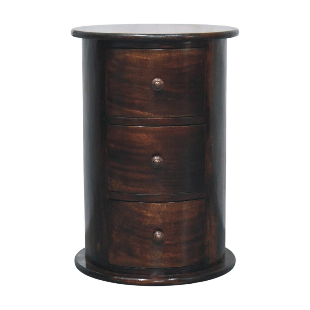 Solid Mango Wood California Walnut Finished Drum 3 Drawer Chest
