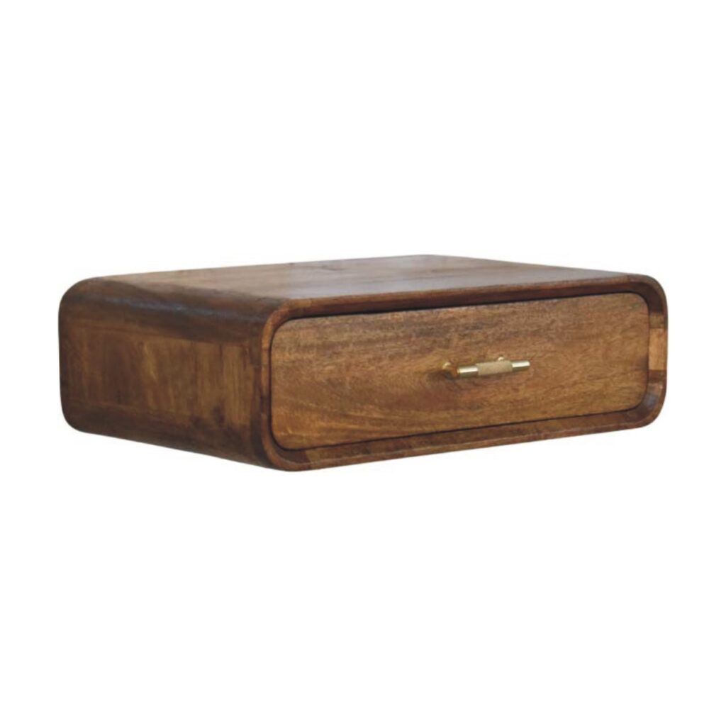 Solid Mango Wood Amber Oak Finished 1 Drawer Curved Floating Bedside