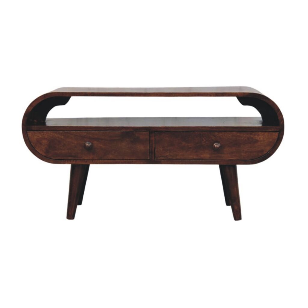 Solid Mango Wood Walnut Curved Two Drawer Media Unit