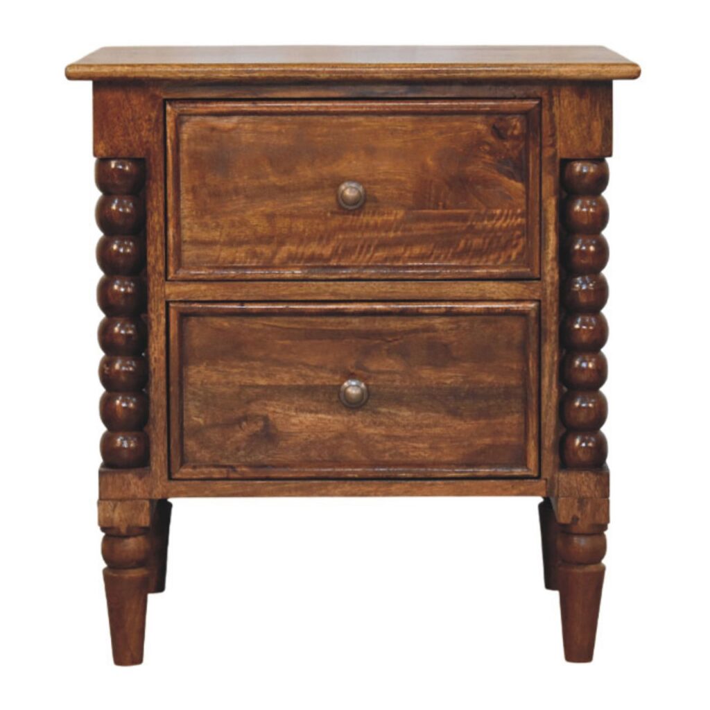 Solid Mango Wood Chestnut Finished 2 Drawer Spindle Beaded Bedside Table