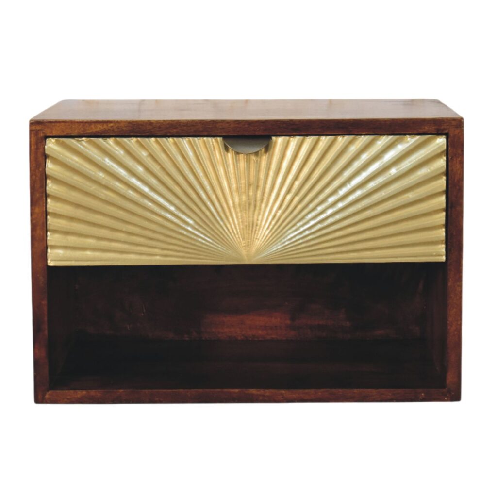Solid Mango Wood Chestnut Finished 1 Drawer Sunburst Wall-Mounted Bedside