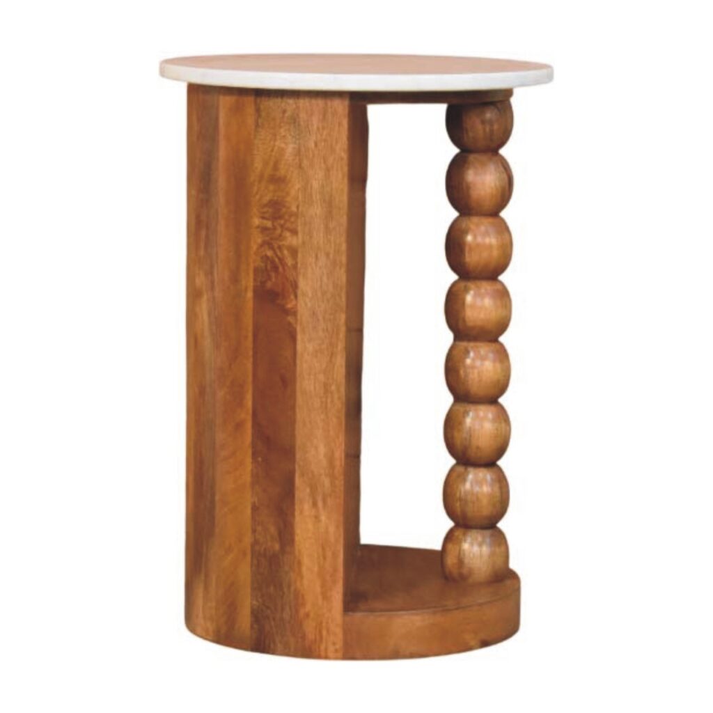 Solid Mango Wood Amber Oak Finished Marble Top Spindle Side Table