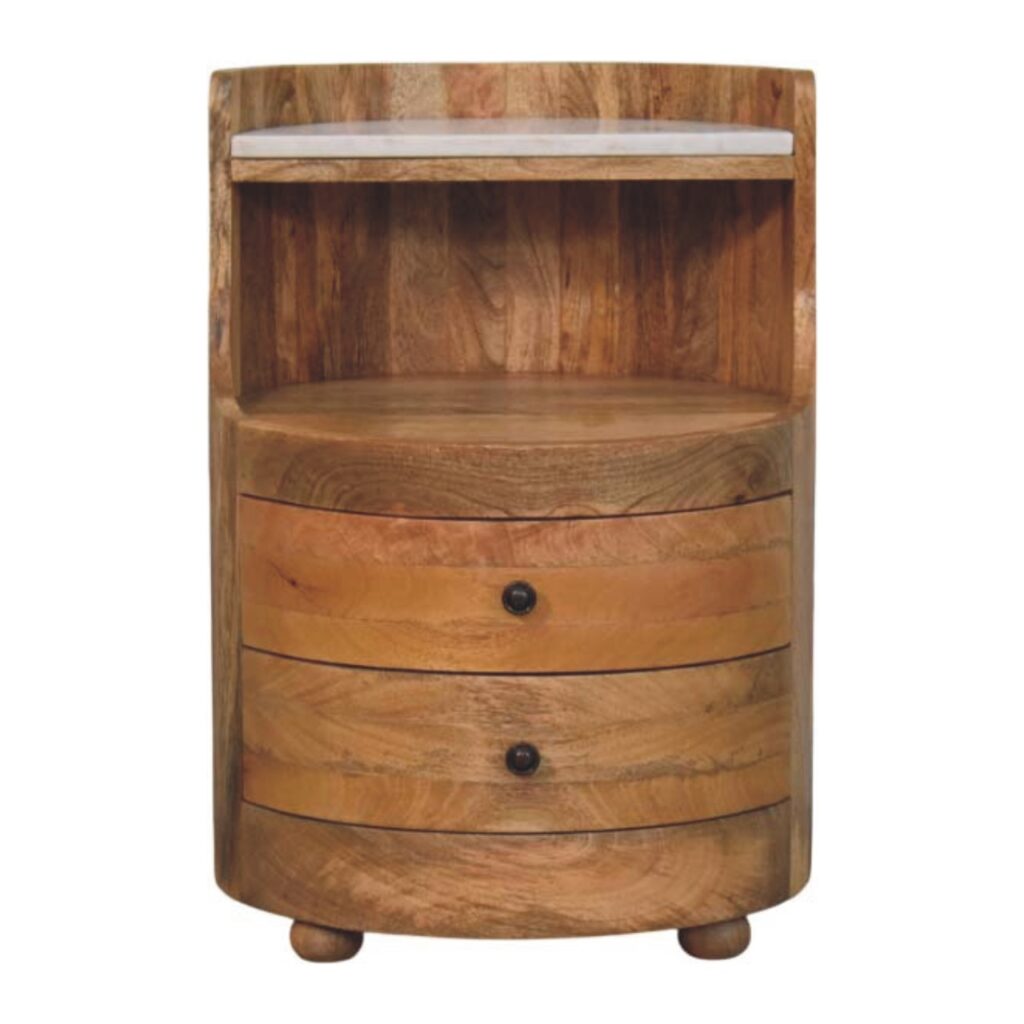 Solid Mango Wood Oak Finished 2 Drawer Curved Bedside with Marble Top