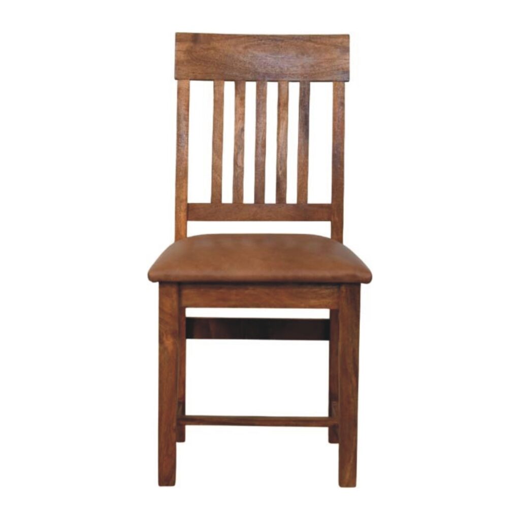 Solid Mango Wood Amber Oak Finished Leather Slatted Dining Chair