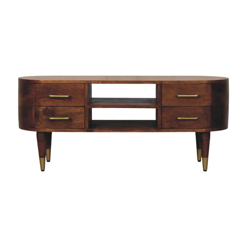 Solid Mango Wood Chestnut Finished Valenza Curved 4 Drawer Media Unit