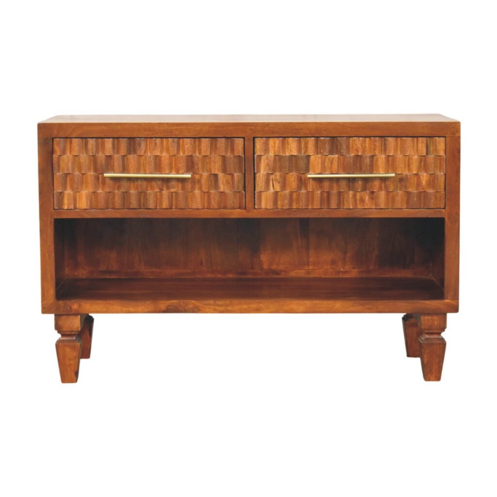 Solid Mango Wood Chestnut Finished 2 Drawer Cadiz Carved Shoe Bench