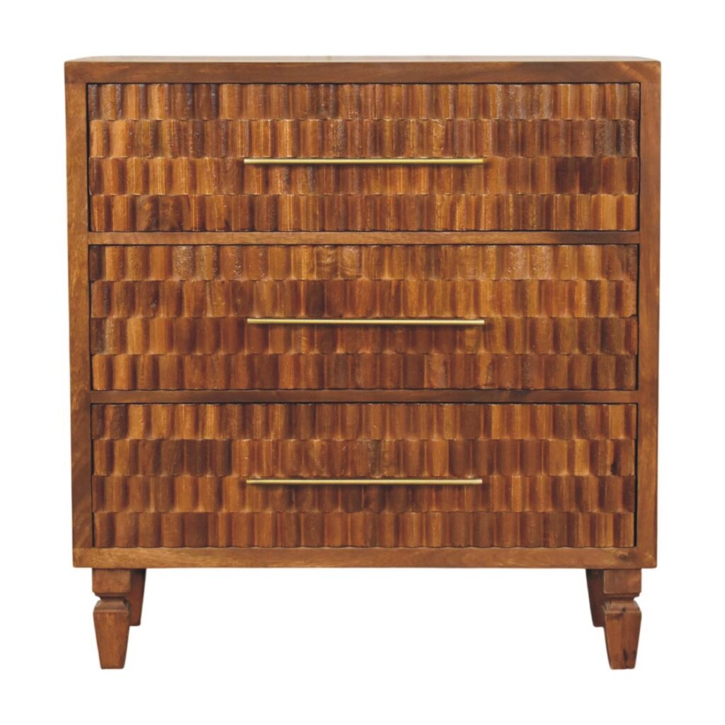 Solid Mango Wood Chestnut Finished 3 Drawer Cadiz Carved Chest