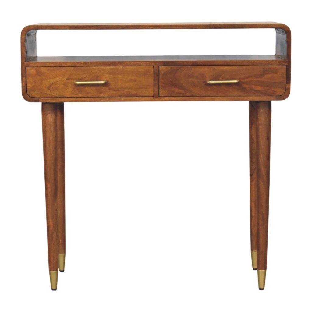 Solid Mango Wood Chestnut Finished Two Drawer Valenza Curved Console Table