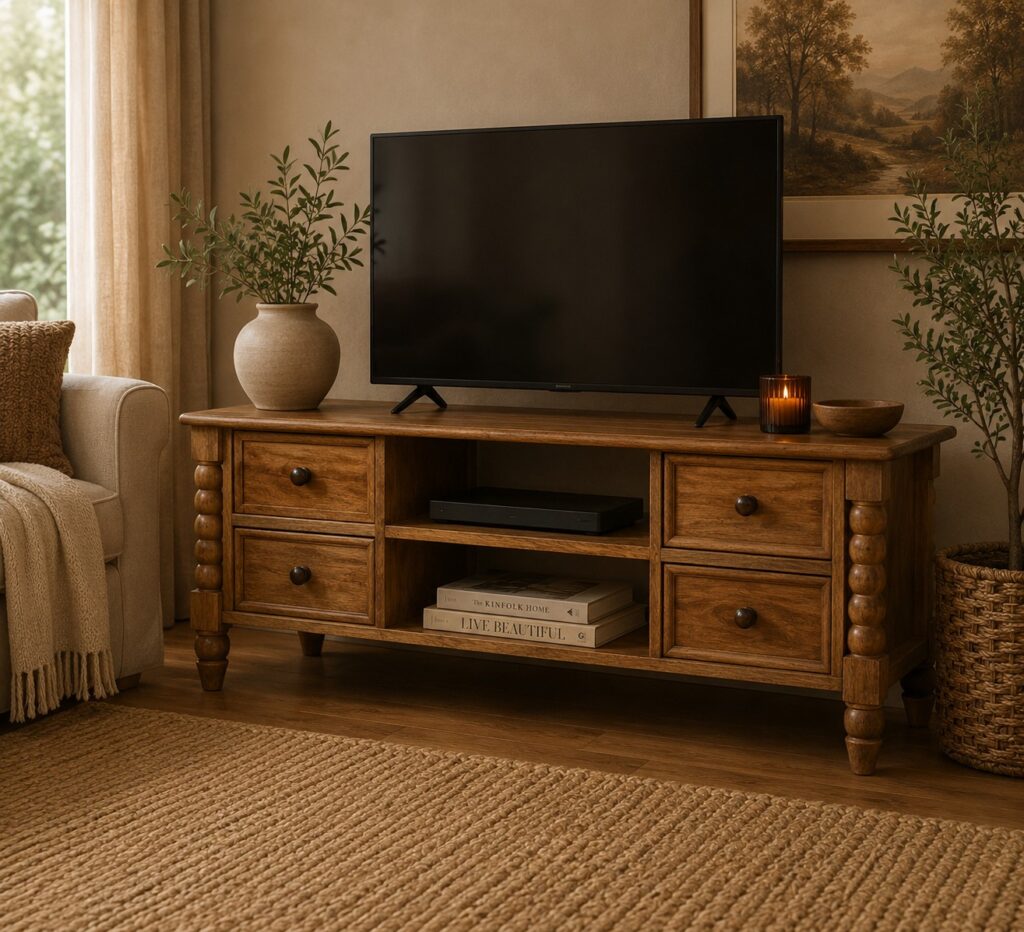 Solid Mango Wood Amber Oak Finished 4 Drawer Spindle Media Unit