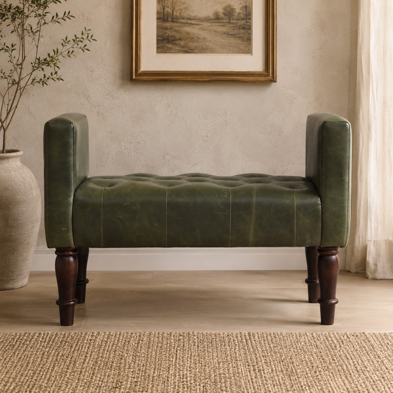Solid Mango Wood California Walnut Finished Green Leather Bedroom Bench - Image 1