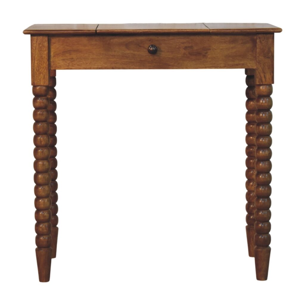 Solid Mango Wood Amber Oak Finished Spindle Leg Lift Up Mirror Dressing Table