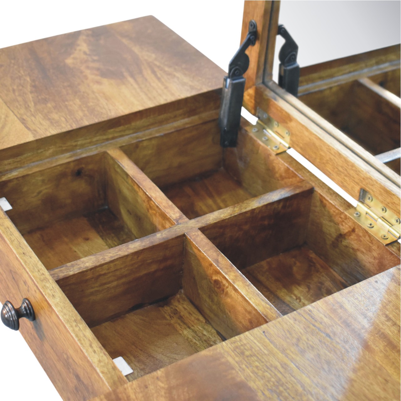 Solid Mango Wood Amber Oak Finished Spindle Leg Lift Up Mirror Dressing Table - Image 5