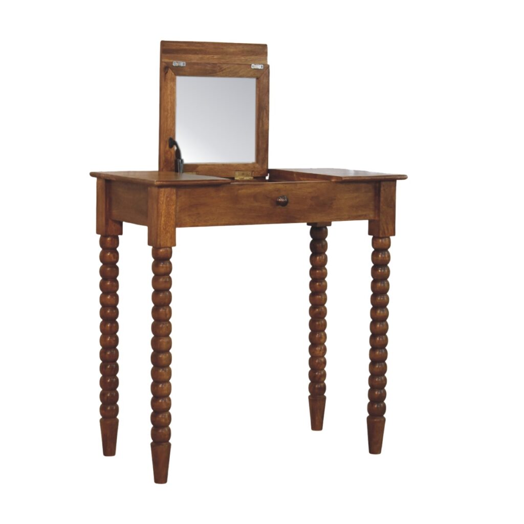 Solid Mango Wood Amber Oak Finished Spindle Leg Lift Up Mirror Dressing Table