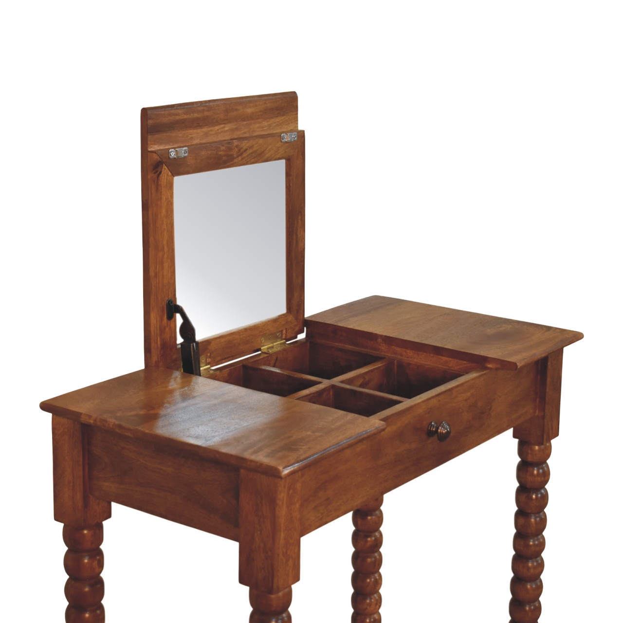 Solid Mango Wood Amber Oak Finished Spindle Leg Lift Up Mirror Dressing Table - Image 10