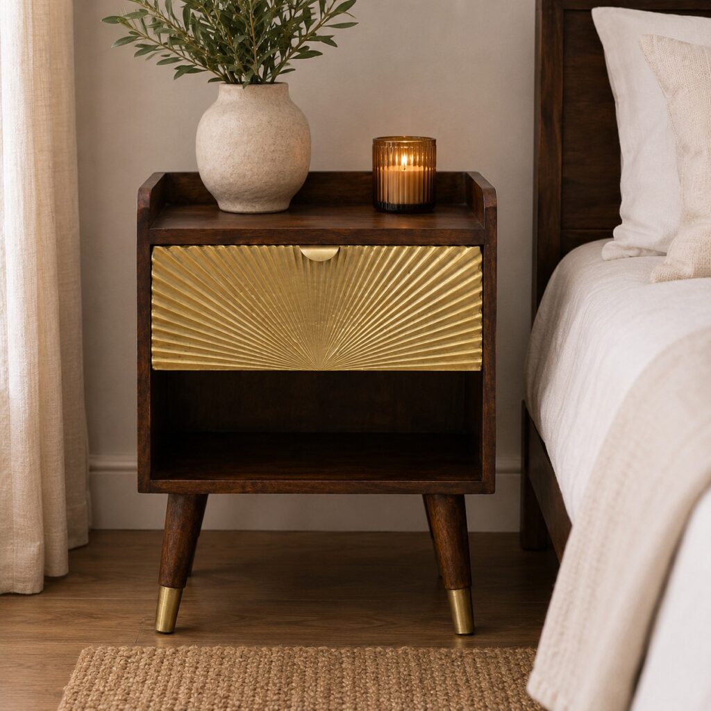 Solid Mango Wood Chestnut Finished 1 Drawer Manila Gold Bedside