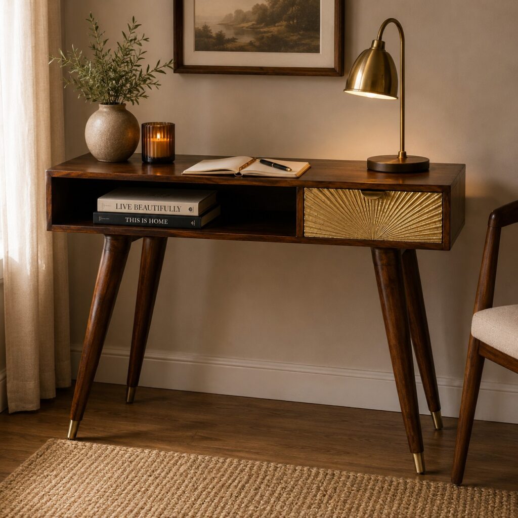 Solid Mango Wood Chestnut Finished Desk with Carved Drawer Front & Slot