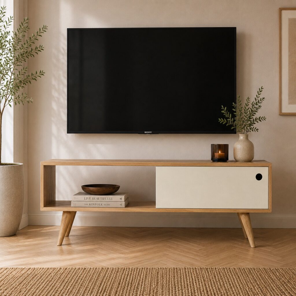 Solid Mango Wood Oak Finished White Sliding Door Media Unit