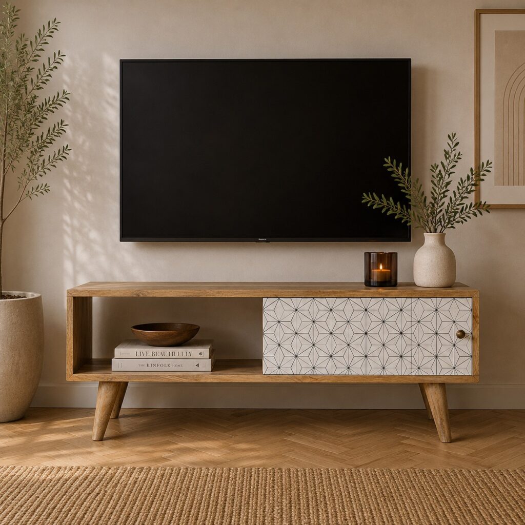 Solid Mango Wood Oak Finished 1 Sliding Screen Print Door 1 Slot Media Unit