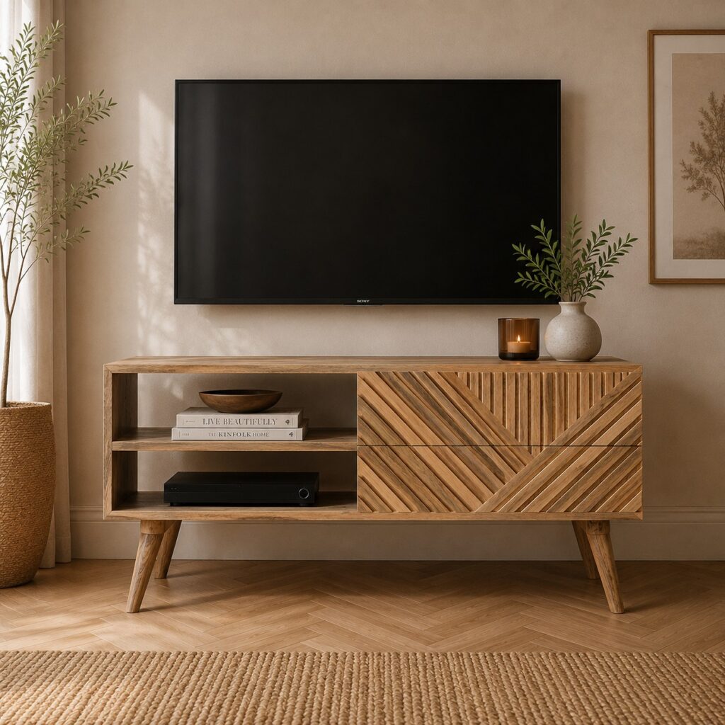 Solid Mango Wood Oak Finished 2 Drawer Lined Design Media Unit
