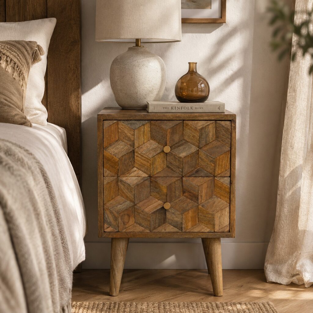 Solid Mango Wood Oak Finished 2 Drawer Cube Carved Bedside