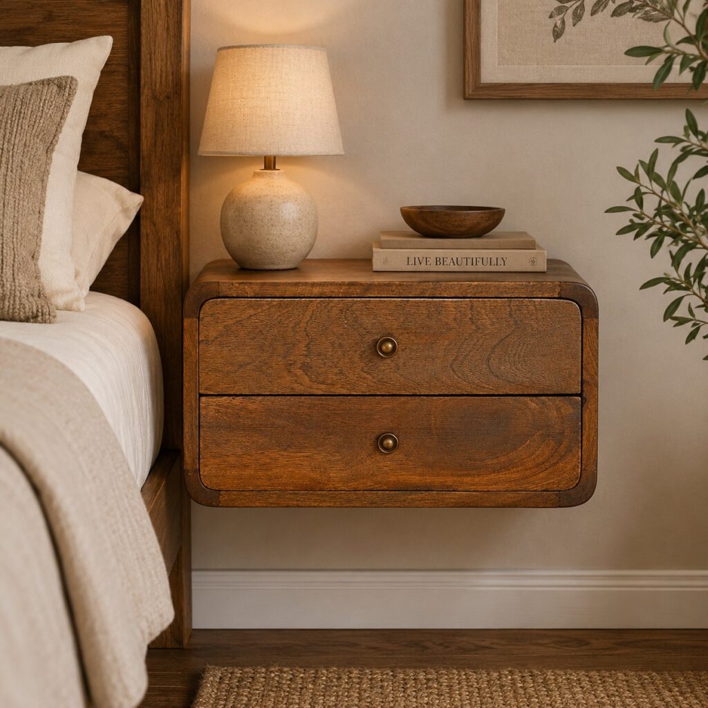 Solid Mango Wood Chestnut Finished 2 Drawer Floating Curved Bedside