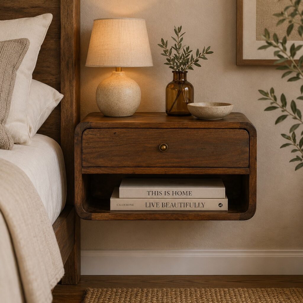 Solid Mango Wood Chestnut Finished 1 Drawer 1 Slot Curved Floating Bedside