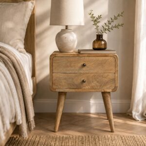 Solid Mango Wood Oak Finished 2 Drawer Curved Bedside