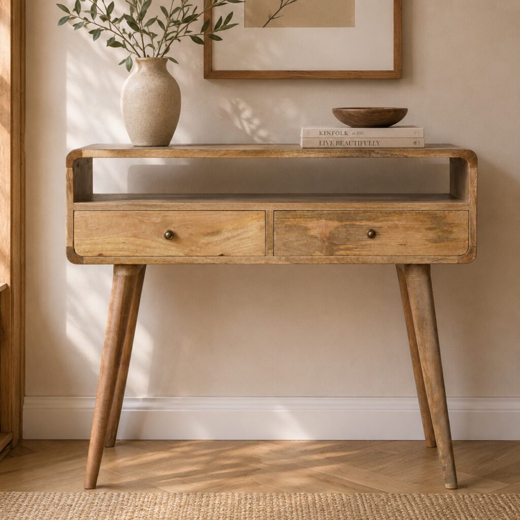 Solid Mango Wood Oak Finished 2 Drawer Gallery Back Curved Console Table