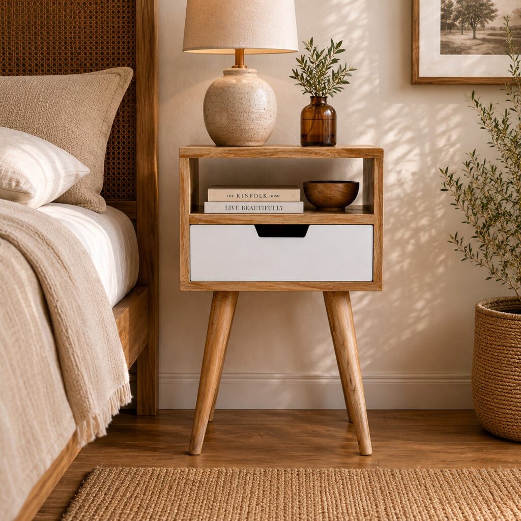 Solid Mango Wood Oak Finished Hand Painted 1 Drawer Compact Modern Bedside