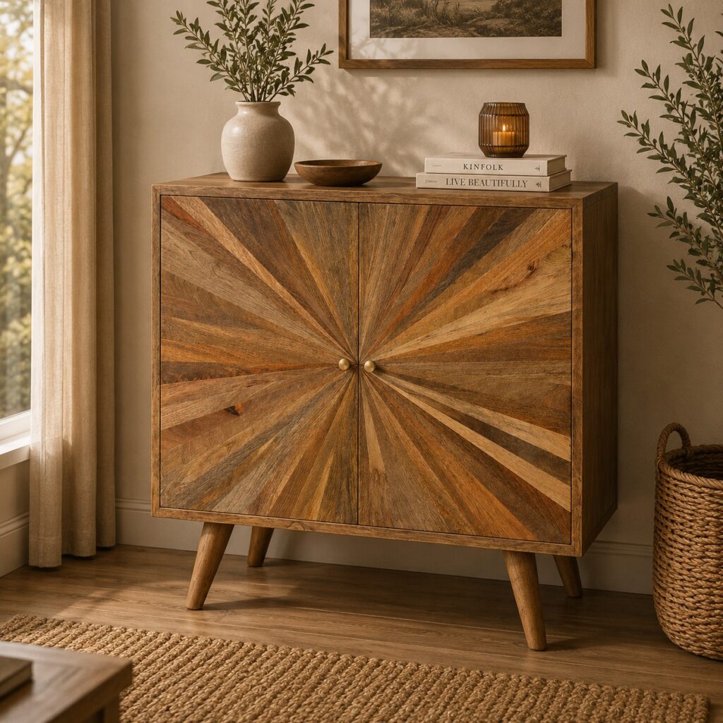 Solid Mango Wood Oak Finished 2 Door Sunrise Patterned Cabinet