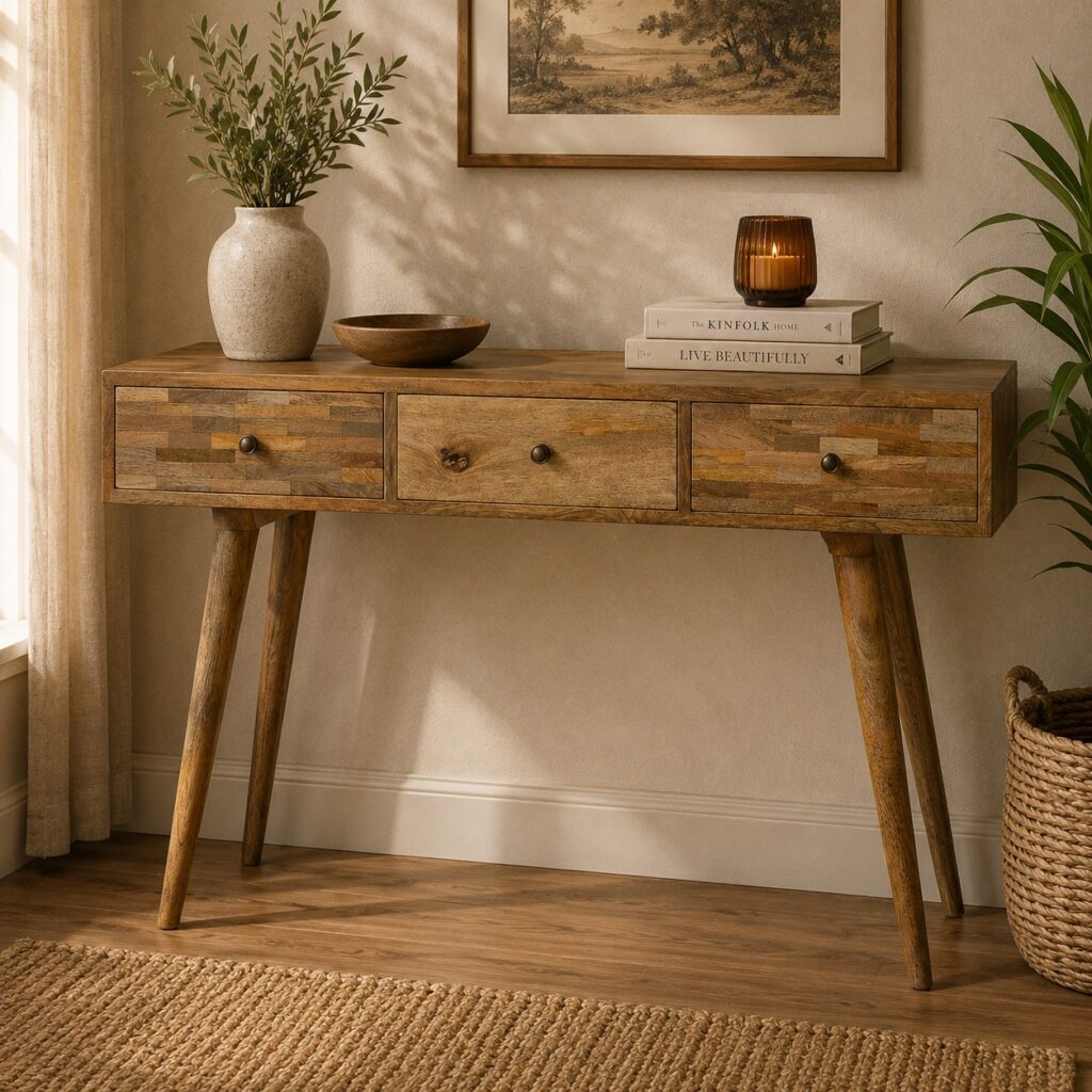 Solid Mango Wood Oak Finished 3 Drawer Patch Work Console Table