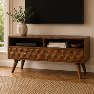 Solid Mango Wood Chestnut Finished 2 Drawer 2 Slot Cube Carved Media Unit