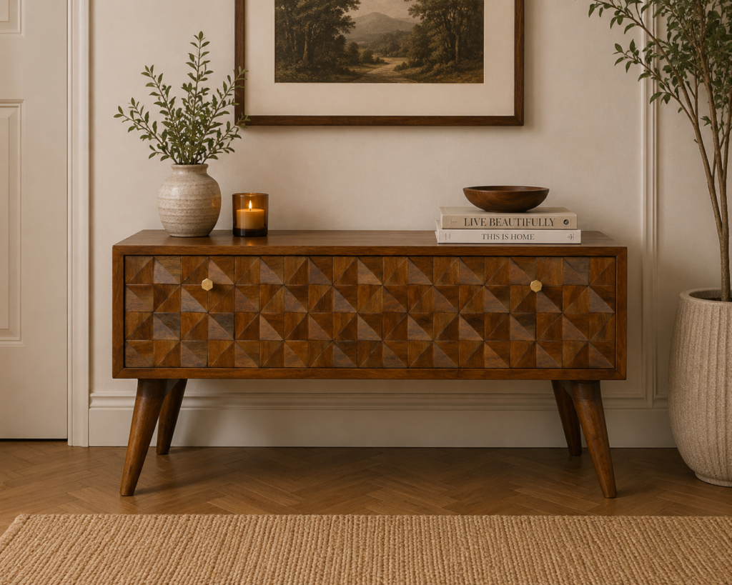 Solid Mango Wood Chestnut Finished 2 Drawer Diamond Carved Storage Bench