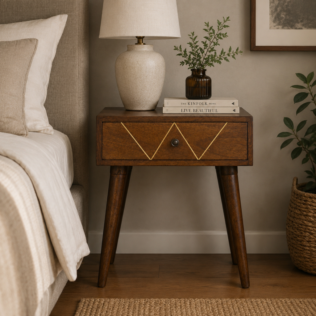 Solid Mango Wood Chestnut Finished 1 Drawer Brass Wire Inlay Bedside