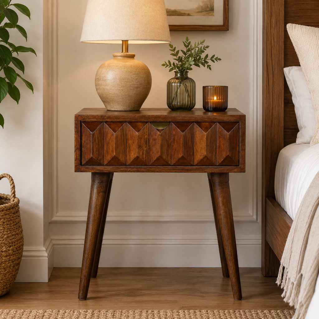 Solid Mango Wood Chestnut Finished 1 Drawer Bedside