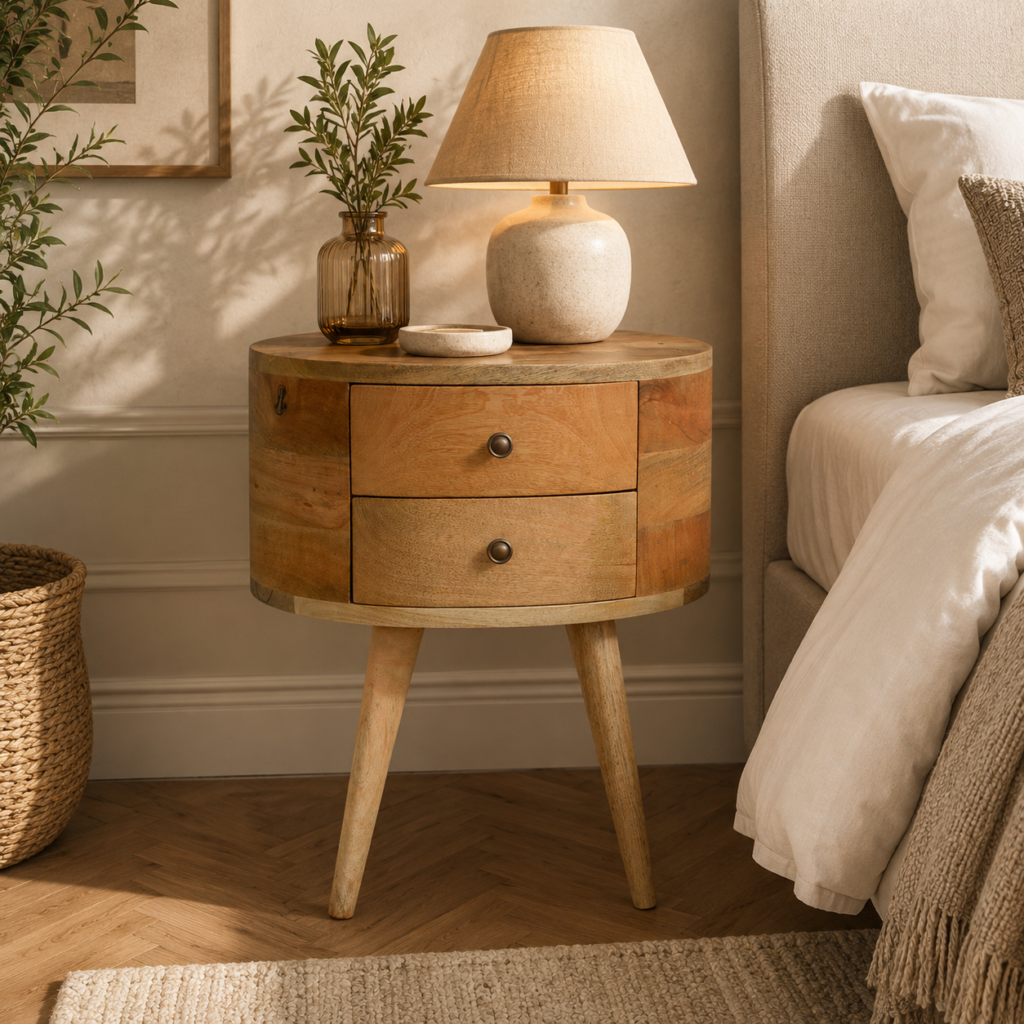 Solid Mango Wood Oak Finished 2 Drawer Rounded Bedside Table