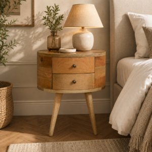 Solid Mango Wood Oak Finished 2 Drawer Rounded Bedside Table