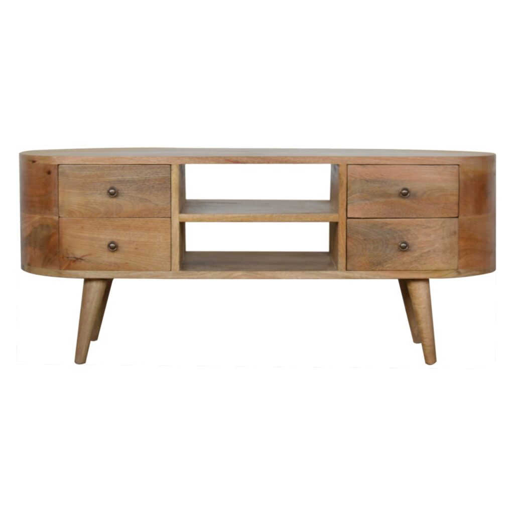 Solid Mango Wood Oak Finished 2 Slot 4 Drawer Rounded Entertainment Unit