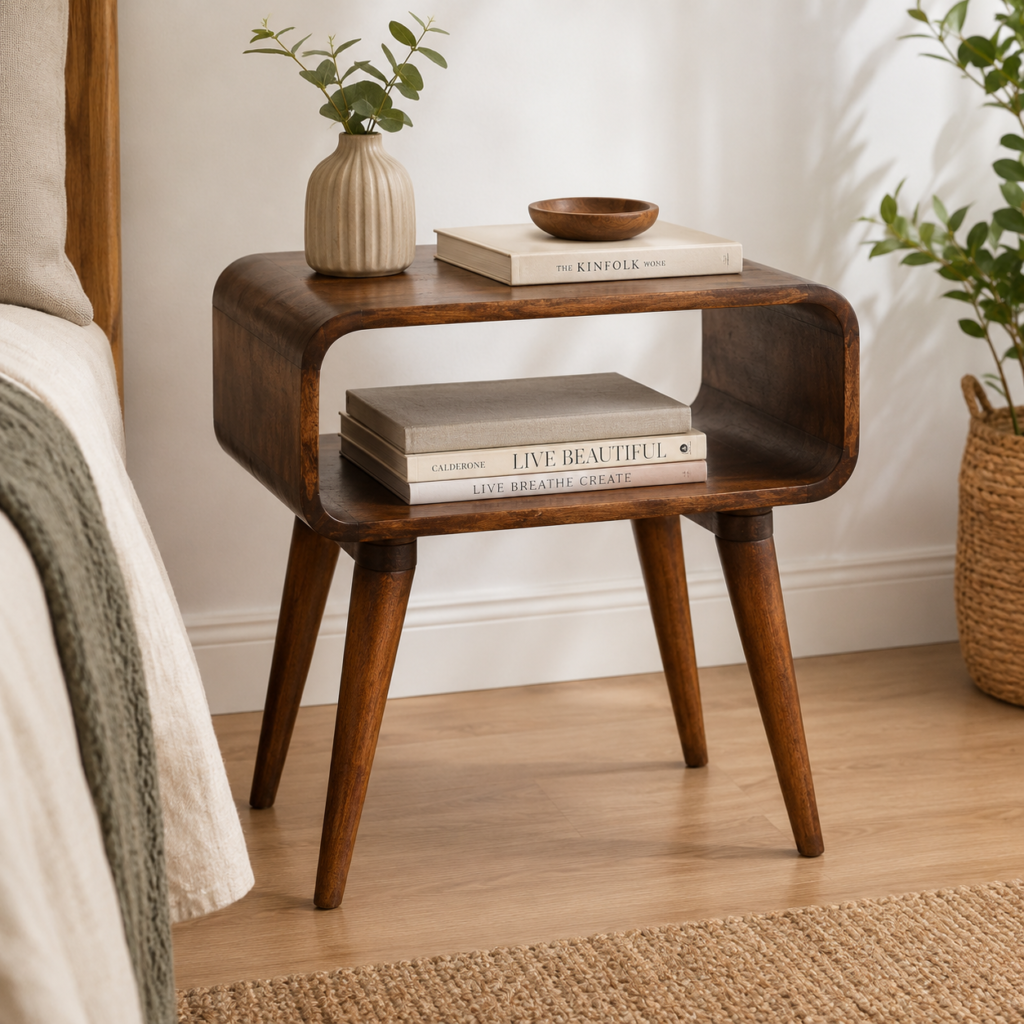 Solid Mango Wood Chestnut Finished Curved Open Bedside